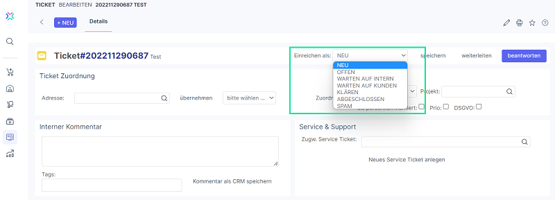 Xentral Ticketsystem "Einreichen als"-Menü