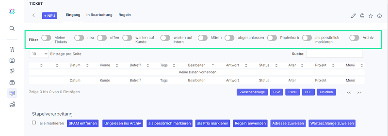 Xentral Ticketsystem Filterfunktionen